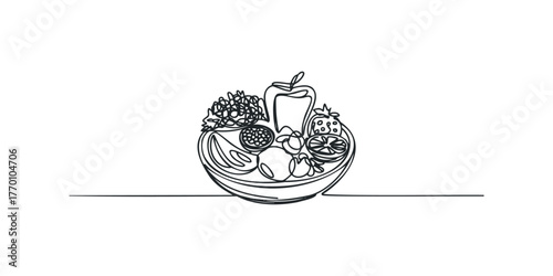 Continuous line drawing of a bowl overflowing with diverse fruit