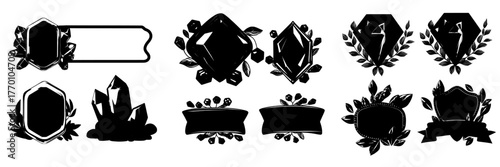 A ruby game level badge set, featuring a modern cartoon illustration of a rhombus stone in a precious metal frame, is decorated with red crystals and leaves, symbolizing a progress award medal and