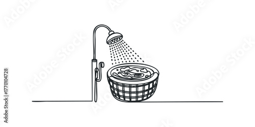 Line drawing of shower head with water falling into a basket