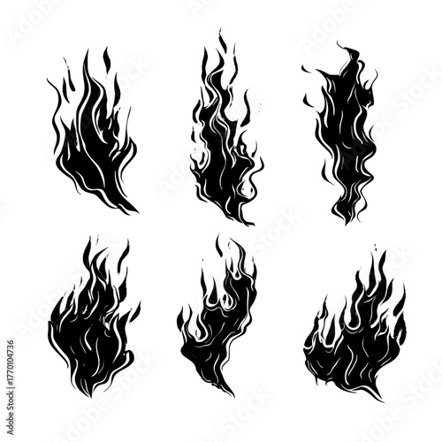 Realistic 3D curved patterns are formed by burning paper edges with glowing flames, resulting in dark scorched borders on a transparent background, and showcasing various stages of combustion with