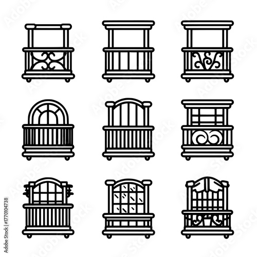 A collection of icons depicting balconies, featuring black outlines in a flat style, including isolated balcony icons and modern illustrations of balcony views