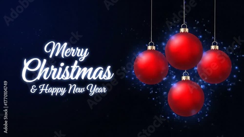 Merry Christmas and Happy New Year Greeting with Red Ornaments.