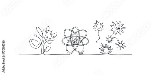 Continuous line drawing of abstract forms including a plant and atomic structure