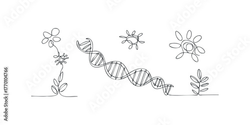 DNA helix, plant, and abstract circular forms single line drawing