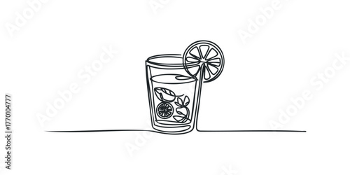 Single line drawing of refreshing drink with fruit and herb garnish