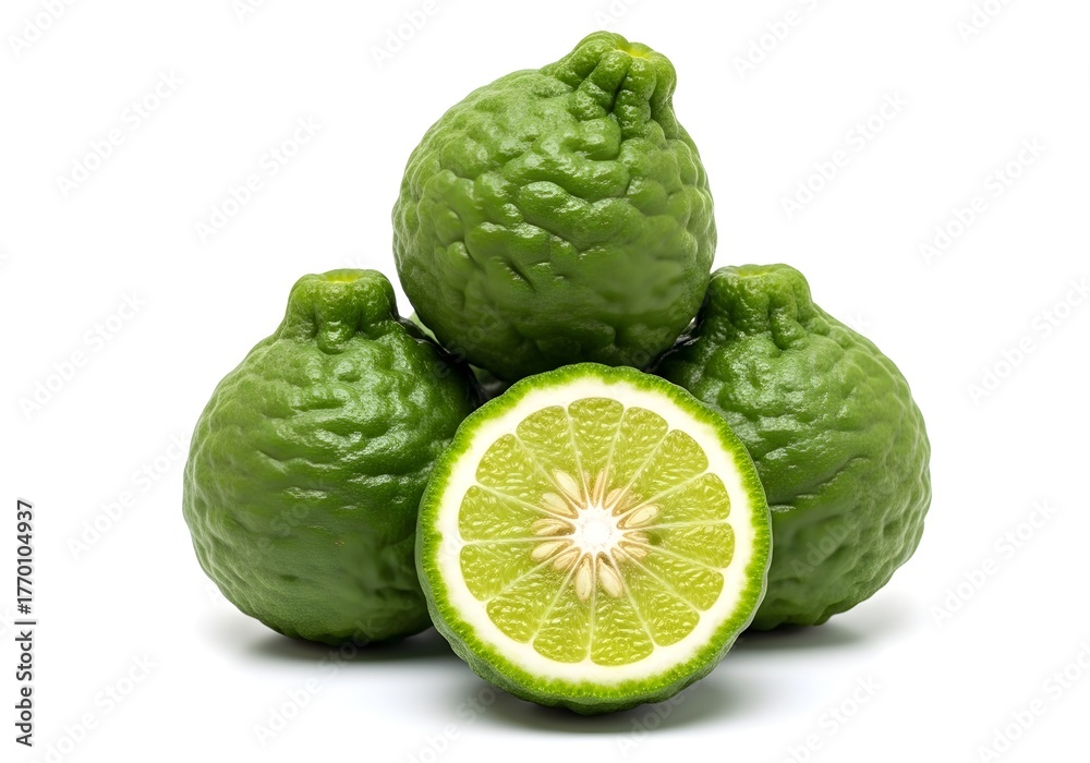 Fototapeta premium Stack of three whole kaffir limes with one cut half showing.