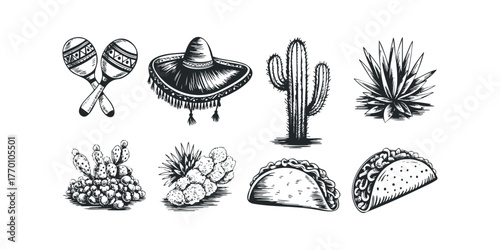 Mexican fiesta symbols including maracas, sombrero, cacti, and tacos