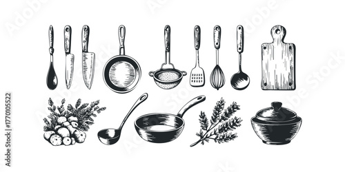 Collection of Sketch Kitchen Utensils and Produce