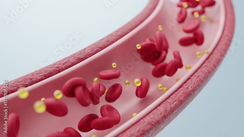 Cholesterol and fatty acid in a bloodstream with red blood cells illustrating the risk of Atherosclerosis 3D rendering