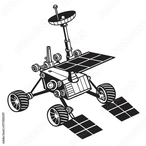 Illustration of a space rover in black and white