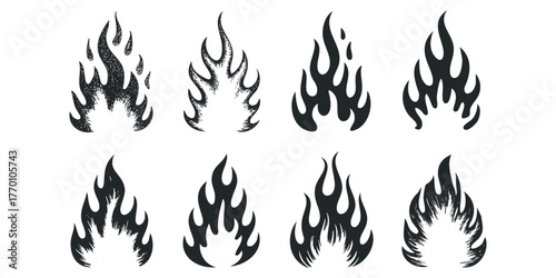 Set of Eight Stylized Black Flame Icons