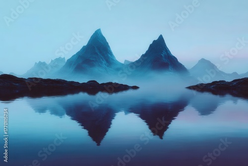 Mystical mountain landscape mirrored in serene lake