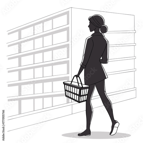 Woman with shopping basket walking in supermarket