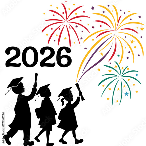 Class of 2026 graduates silhouette with fireworks