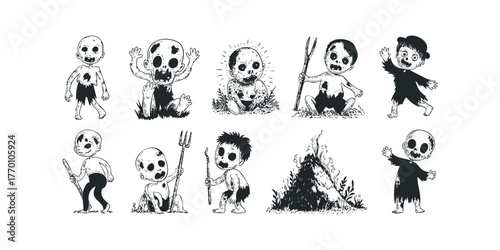 Collection of diverse cartoonish monster boy characters in various poses and actions