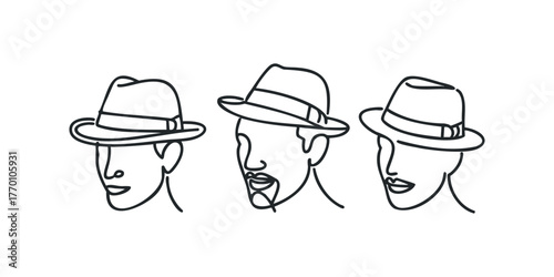 Minimalist line drawing of three men's faces wearing fedora hats
