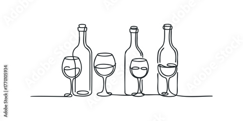 Minimalist continuous line drawing of wine bottles and glasses