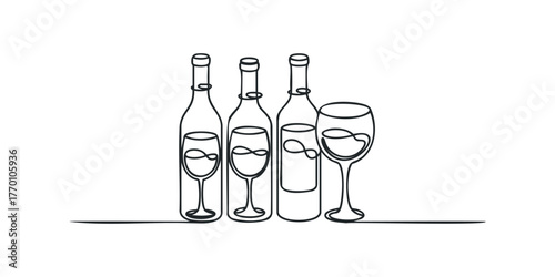 Line art of three wine bottles and two glasses