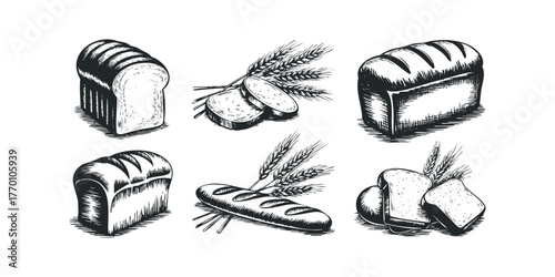 Collection of Hand Drawn Bakery Goods and Wheat Stalks