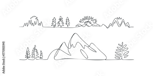 Continuous line drawing of stylized mountains and trees