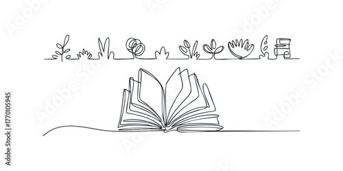 Open book and foliage line art