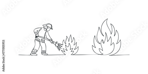 Firefighter extinguishes flames in continuous line drawing