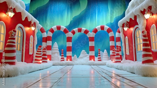 Colorful winter wonderland scene with candy cane decorations and northern lights backdrop