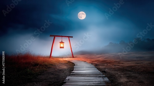 Mysterious night landscape with lantern full moon