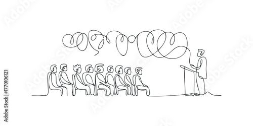 Speaker addressing audience with abstract thought bubble