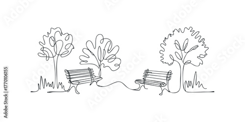 Park bench and abstract trees continuous line drawing