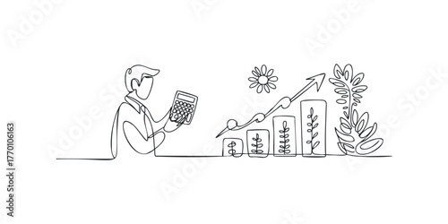 Person with calculator checks rising financial growth chart