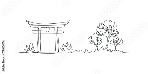 Single Line Drawing of Torii Gate and Cherry Blossoms