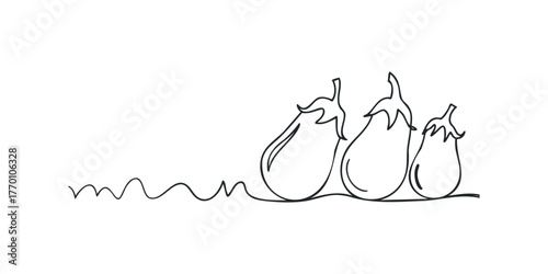 Minimalist line art of three eggplants on white background
