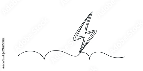 Continuous line drawing of a lightning bolt striking ground