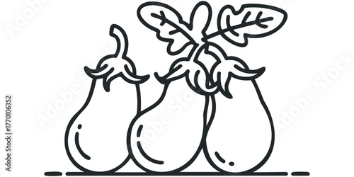 Three eggplants with leaves