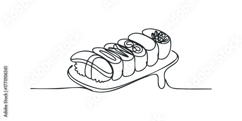 Abstract line drawing of assorted sushi rolls on a platter
