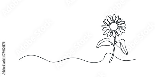Single line drawing of a sunflower with wavy stem