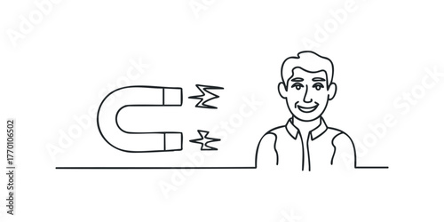 Man smiling near horseshoe magnet attracting energy