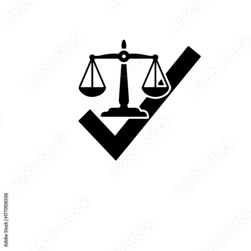 Minimalist silhouette of a balanced justice scale inside a 'Done' or success symbol. Signifying the resolution of crimes and the importance of holding perpetrators accountable