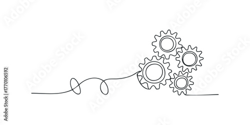Continuous line drawing of interlocking gears forming a connection