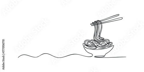 Minimalist single line drawing of noodles in bowl with chopsticks