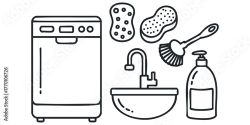 Kitchen cleaning appliance and accessory icons