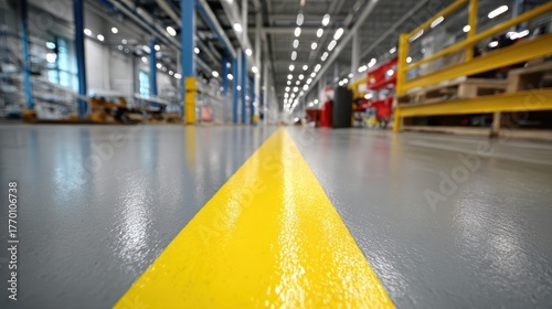 A yellow line on the gray epoxy floor in factory or warehouse. It symbolizes order, safety, or a clearly defined space.