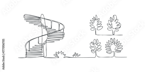 Abstract spiral staircase with plant elements one line art