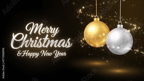 Merry Christmas and Happy New Year with Golden and Silver Ornaments.