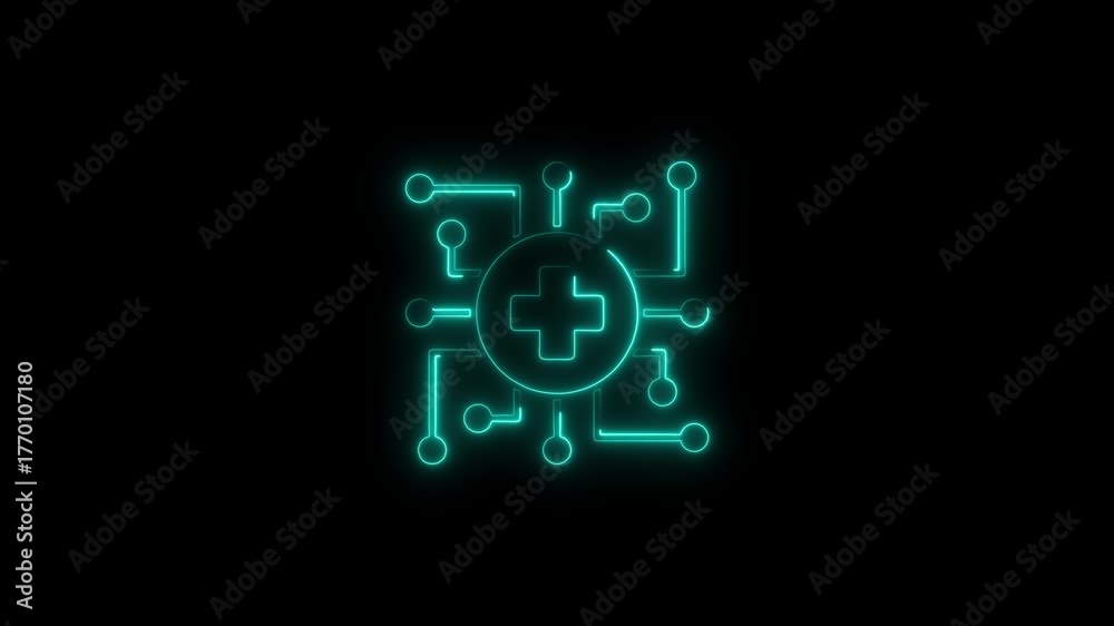 Cyan Neon Medical Circuit Board Icon on Black Background health technology Cyan Neon Medical Circuit Board Icon on Black Background health technology