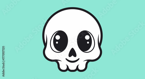 Adorable cartoon skull smiling with big eyes, perfect for Halloween designs and playful themes, adding a cute spooky touch to your creative projects