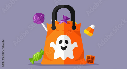 Adorable trick or treat bag overflowing with candy for a spooktacular Halloween celebration graphic, perfect for seasonal promotions and fun designs