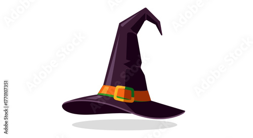 Mysterious dark purple witch hat with vibrant orange and green buckle ready for Halloween magic and spooky enchantments