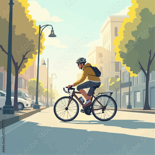 An energetic vector illustration showcasing a person on a bicycle navigating a sunlit city street, capturing the essence of active urban living and sustainable daily commutes